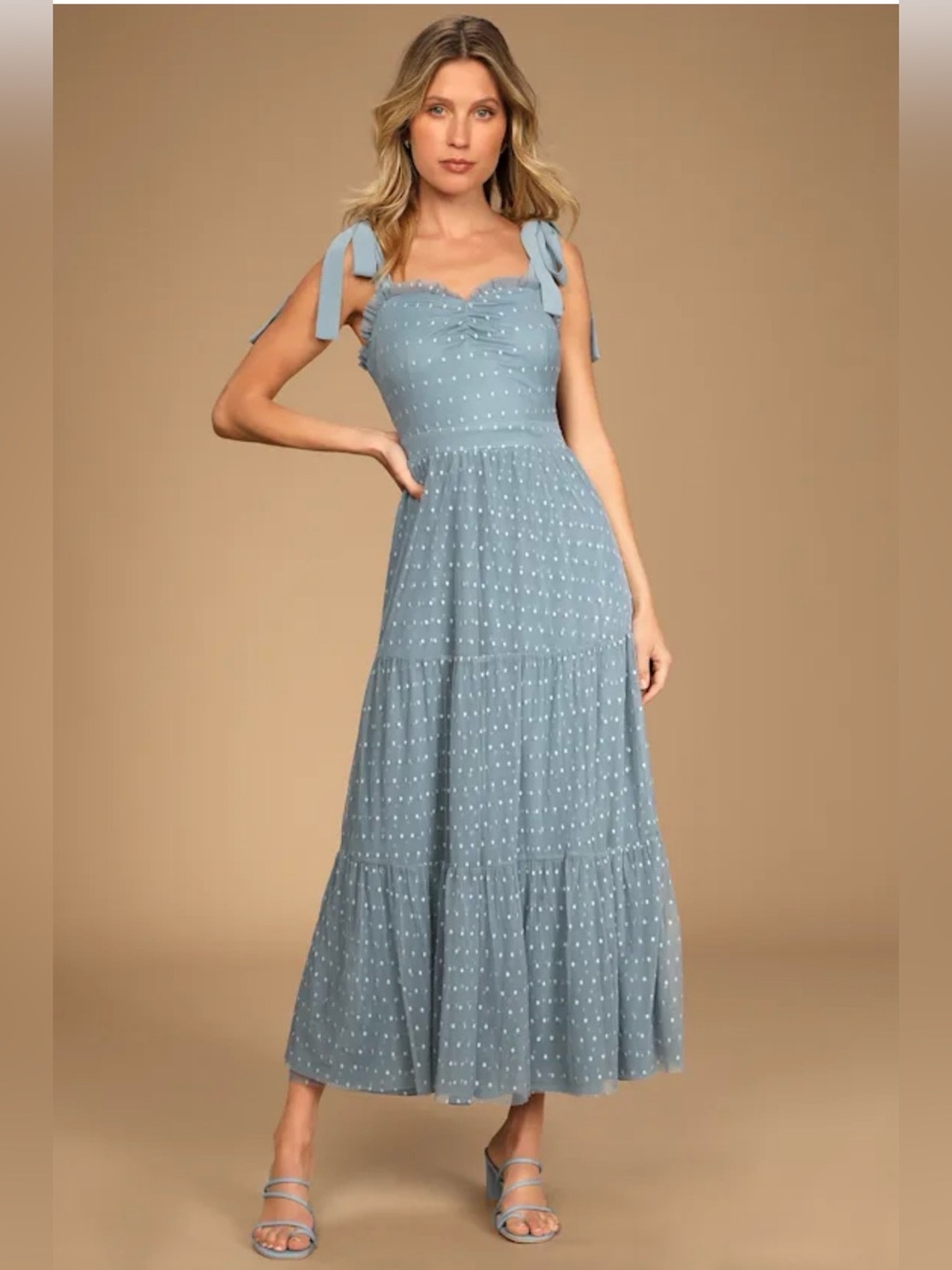 Lulus Just Your Darling Slate Blue Swiss Dot Tie Strap Tiered Midi Dress XS